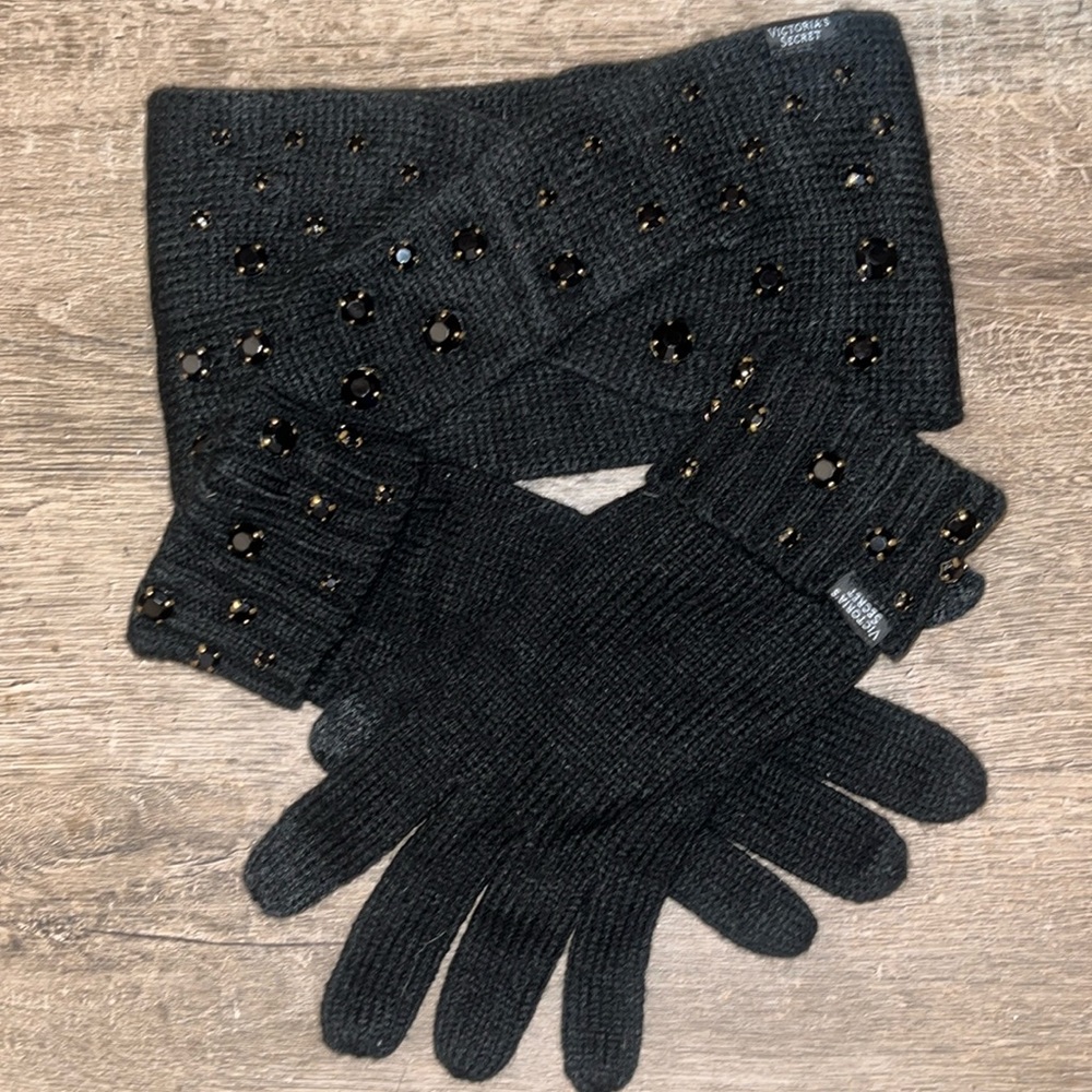 VS embellished black ear warmers and glove set